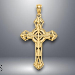 14K Yellow Gold Cut-Out Floral Cross Pendant with Necklace Chain Options