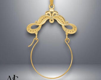 14K Yellow Gold Ribbon Decorated Charm Holder Pendant with Necklace Chain Options