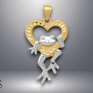 14K Yellow Gold Frog in Heart Pendant with Necklace Chain Options