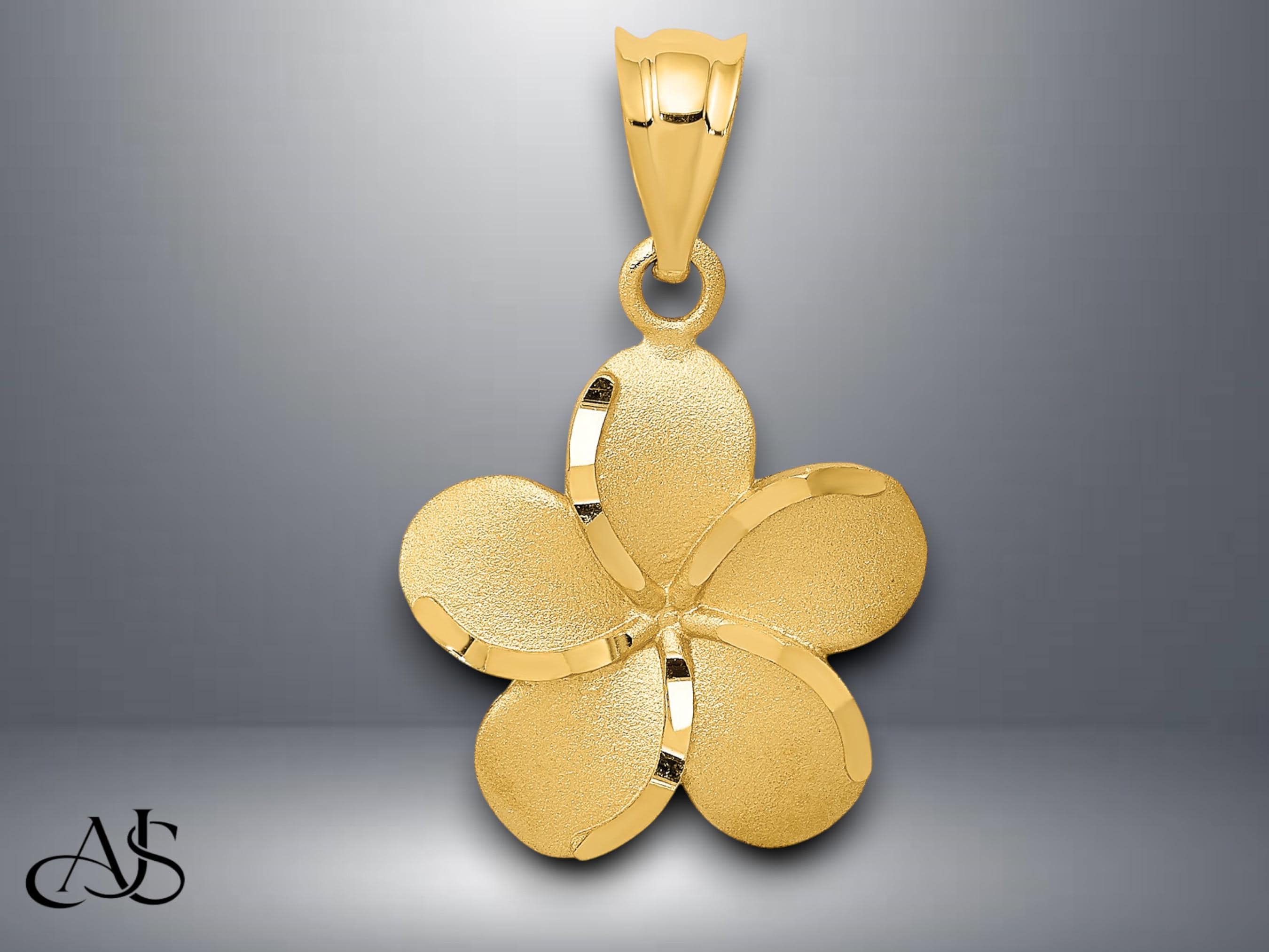 14K Yellow Gold Diamond-cut Plumeria Flower Pendant With Necklace