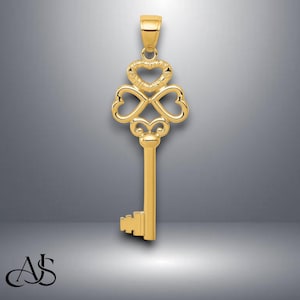 14K Yellow Gold Large 3D Hearts Key To My Heart Key Pendant Charm with Necklace Chain Options