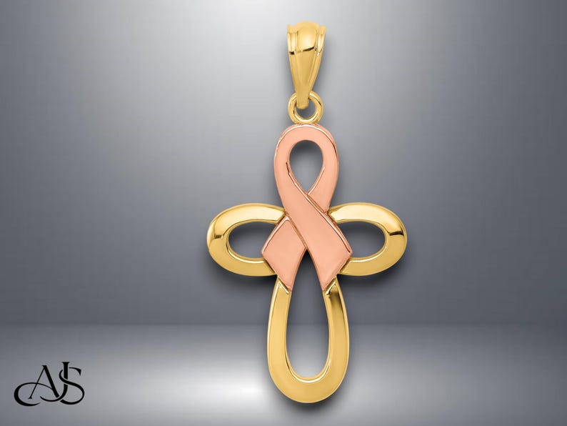14K Two-tone Gold Polished Pink Ribbon Cross Pendant With Necklace ...
