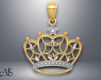 14K Yellow Gold White Rhodium Diamond-cut Filigree Crown Pendant with Necklace Chain Options