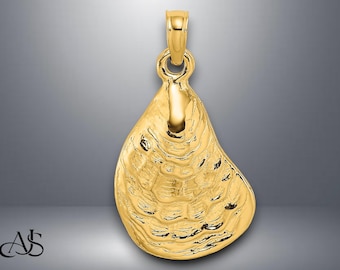 14K Yellow Gold Polished Textured Oyster Shell Charm with Necklace Chain Options