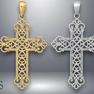 14K Yellow Gold or White Gold Polished Large Rope Frame Filigree Cross Pendant with Necklace Chain Options