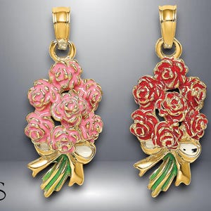 14K Yellow Gold Enameled Bouquet of Pink or Red Roses with Necklace Chain Options