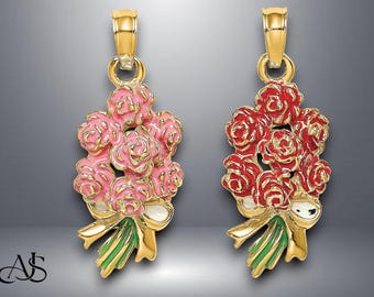 14K Yellow Gold Enameled Bouquet of Pink or Red Roses with Necklace Chain Options