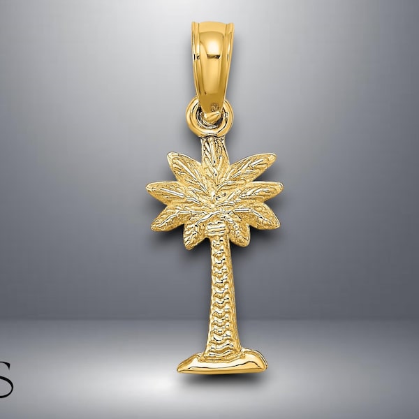 14K Gelbgold 2-D strukturierte Mini Palmetto Palmenbaum Anhänger mit Halskette Optionen