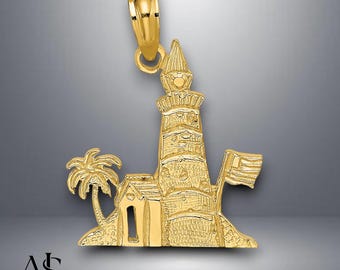 14K Yellow Gold Lighthouse Pendant Charm with Necklace Chain Options
