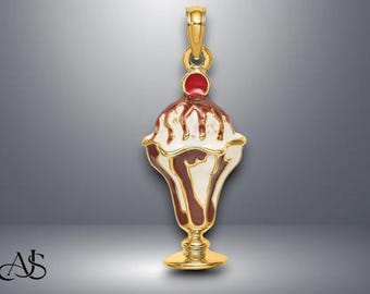 14K Yellow Gold Chocolate Ice Cream Sundae W/Cherry Top Charm with Necklace Chain Options