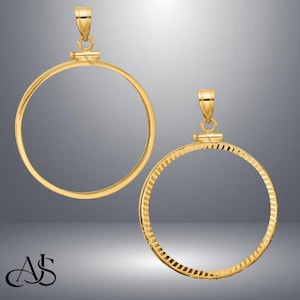 May include: Two gold coin pendants, one with a smooth edge and the other with a textured edge. Both pendants are open and ready to hold a coin.