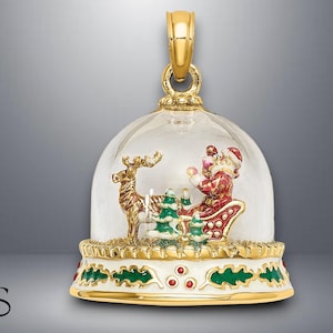 14K Yellow Gold 3-D Enameled Christmas Snow Globe Charm with Necklace Chain Options