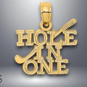 14K Yellow Gold HOLE IN ONE with Golf Club Charm with Necklace Chain Options