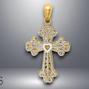 14K Two-tone Gold Polished Filigree 2 Level Heart Cross Pendant with Necklace Chain Options