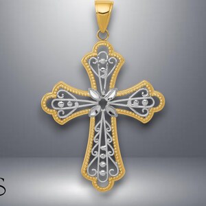 14K Yellow Gold Diamond-cut Filigree Cut-out Cross Pendant with Necklace Chain Options