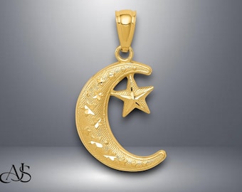 14K Yellow Gold Moon and Stars Pendant with Necklace Chain Options