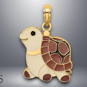 14K Yellow Gold Brown, Tan and Black Enamel Turtle Charm with Necklace Chain Options