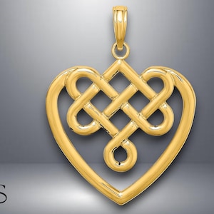 14K Yellow Gold Large Celtic Knot Heart Charm with Necklace Chain Options