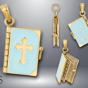 14K Yellow Gold 3-D Blue Enamel Bible Book w/ Moveable Pages Charm with Necklace Chain Options