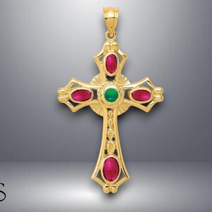 14K Yellow Gold Ruby and Emerald Cabochon Cross Pendant with Necklace Chain Options