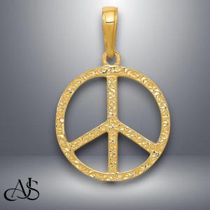 14K Yellow Gold Textured Peace Sign Pendant with Necklace Chain Options