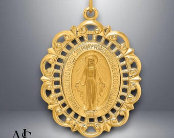 14k Gold Miraculous Medal Pendant: Oval Lace Filigree