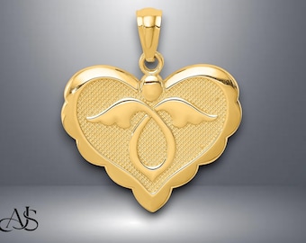 14K Yellow Gold Angel in Heart Pendant with Necklace Chain Options