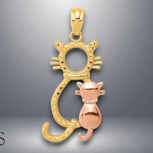 14K Yellow Gold and Rose Polished Diamond-cut Sitting Cats Pendant with Necklace Chain Options