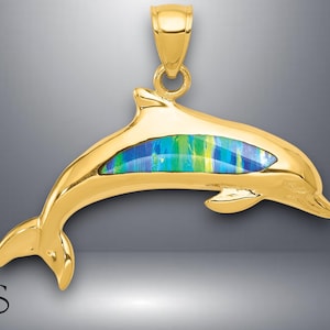 14K Yellow Gold Opal Dolphin Pendant with Necklace Chain Options