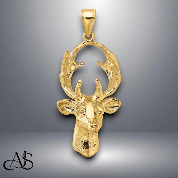 14K Yellow Gold 3-D Deer Head Pendant With Chain Necklace Options