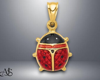 14K Yellow Gold Enameled Ladybug Pendant Charm with Necklace Chain Options