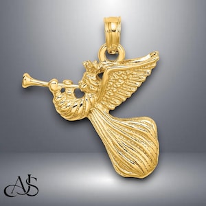 14K Yellow Gold Angel with Trumpet Pendant Charm with Necklace Chain Options