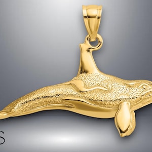 14K Yellow Gold 3-D Textured Killer Whale Charm with Necklace Chain Options