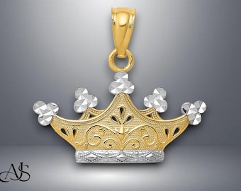 14K Yellow Gold and Rhodium Crown Pendant with Necklace Chain Options