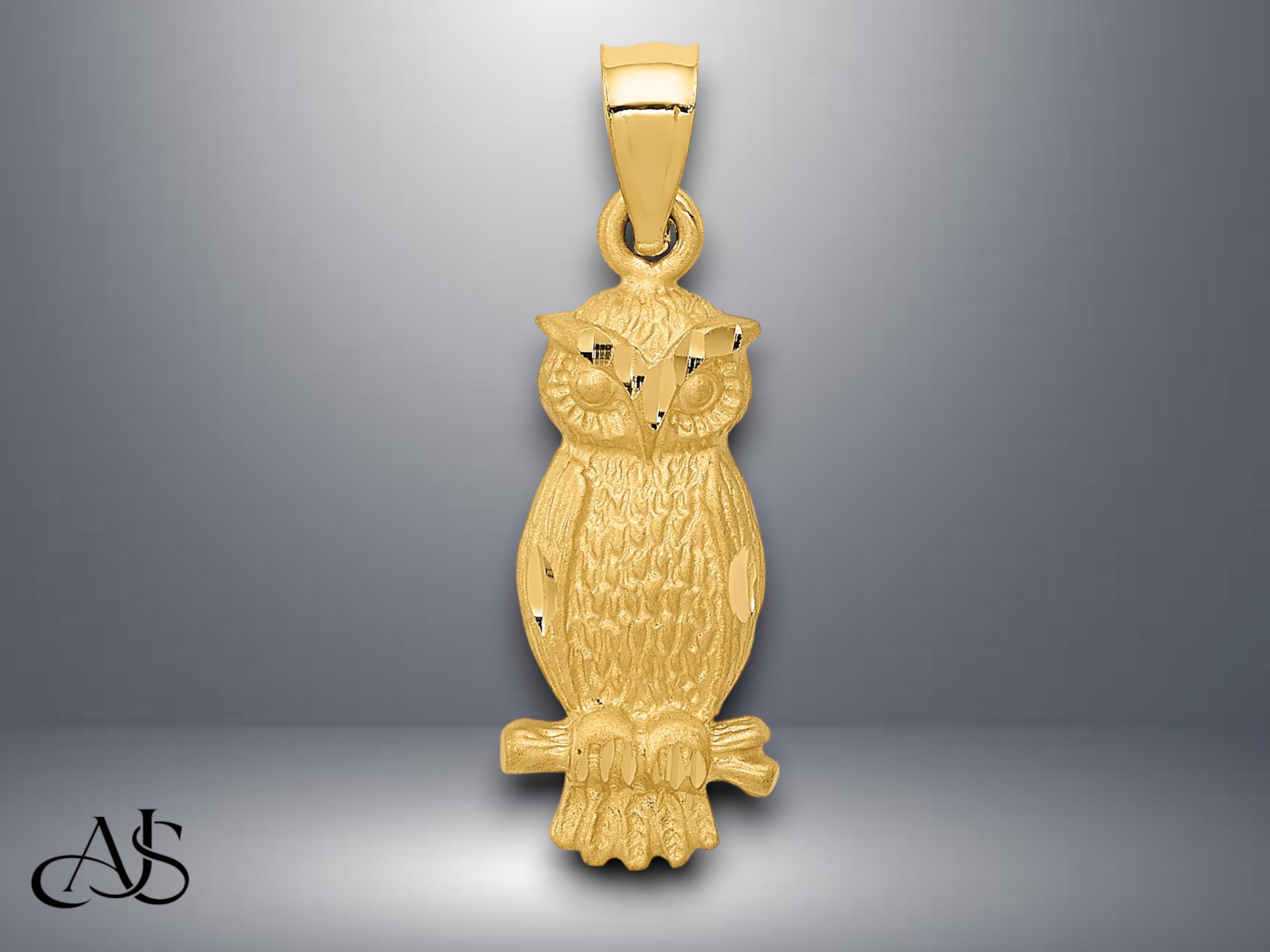 14K Yellow Gold Satin Diamond-cut Owl Pendant with Necklace Chain Options