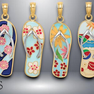 14K Yellow Gold and Rhodium Multi-Colored 3D Enamel On Flip-Flop Charm with Necklace Chain Options