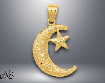 14K Yellow Gold Moon and Stars Pendant with Necklace Chain Options