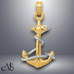 14K Two-Tone Gold 3D Anchor With Rope Pendant with Necklace Chain Options