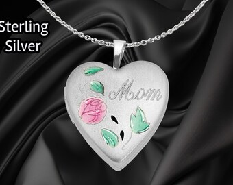 Sterlingzilveren geëmailleerde bloem 'Moeder' hart medaillon met ketting, aangepaste gravure en opties voor het invoegen van foto's