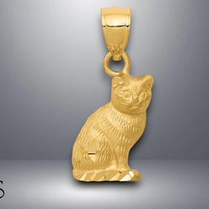 14K Yellow Gold Diamond-cut Sitting Cat Pendant with Necklace Chain Options