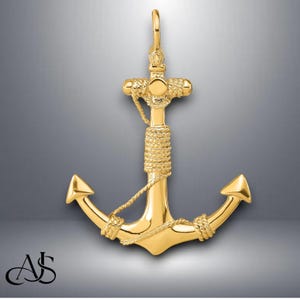 14K Yellow Gold 3-D Solid Anchor with Rope Pendant with Necklace Chain Options