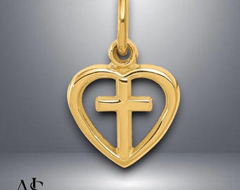 14K Yellow Gold Cross in Heart Pendant Charm with Chain Necklace options