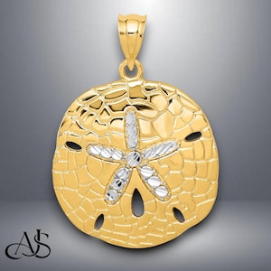 14K Yellow Gold with White Rhodium Diamond-Cut Sand Dollar Pendant with Necklace Chain Options