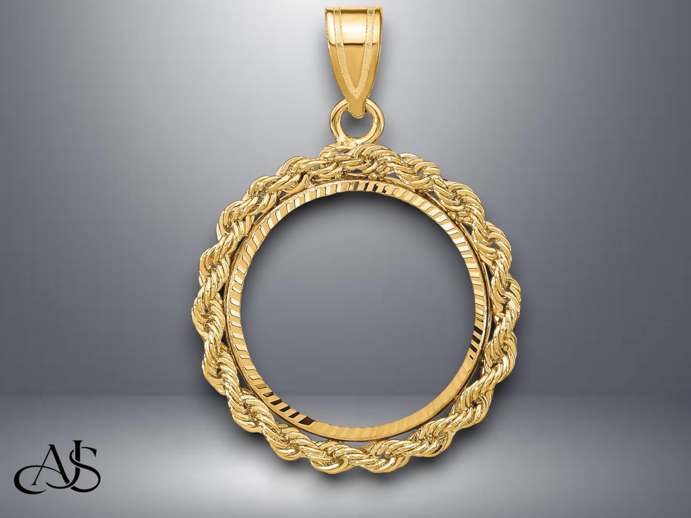 14K Yellow Gold Coin Bezel Mounting Pendant - 7 Different Sizes - Diamond-cut with Rope Prong Bezel Pendant - with Necklace Chain Options