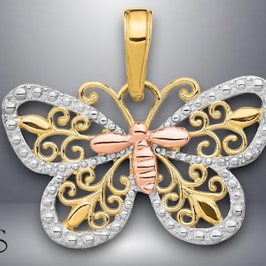 14K Two-tone Gold Diamond-cut Butterfly Pendant with Necklace Chain Options