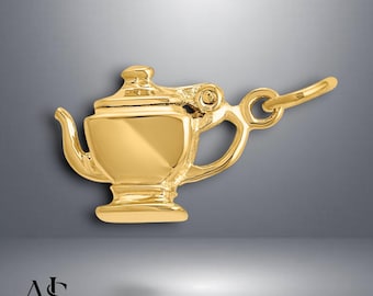 14K Yellow Gold 3-D Tea Pot Lid Opens - Pendant Charm with Chain Necklace options