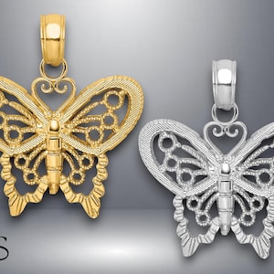 14K Yellow Gold or White Gold Polished and Beaded Butterfly Charm with Necklace Chain Options