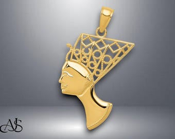 14K Yellow Gold Queen Nefertiti Head Profile Pendant with Necklace Chain Options