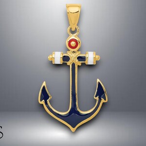 14K Yellow Gold 2-D Red, White, and Blue Enameled Anchor Pendant with Necklace Chain Options