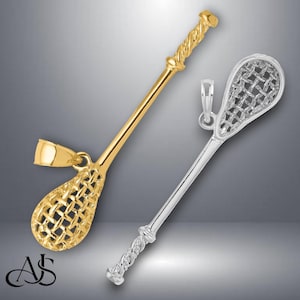 14K Yellow Gold or White Gold Solid 3-D Lacrosse Stick Pendant with Necklace Chain Options